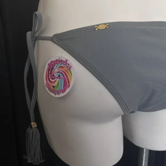 Kandy Wrapper Bikini Bottoms Grey Ties Side Tassel String Bathing Suit New Med - Picture 7 of 12